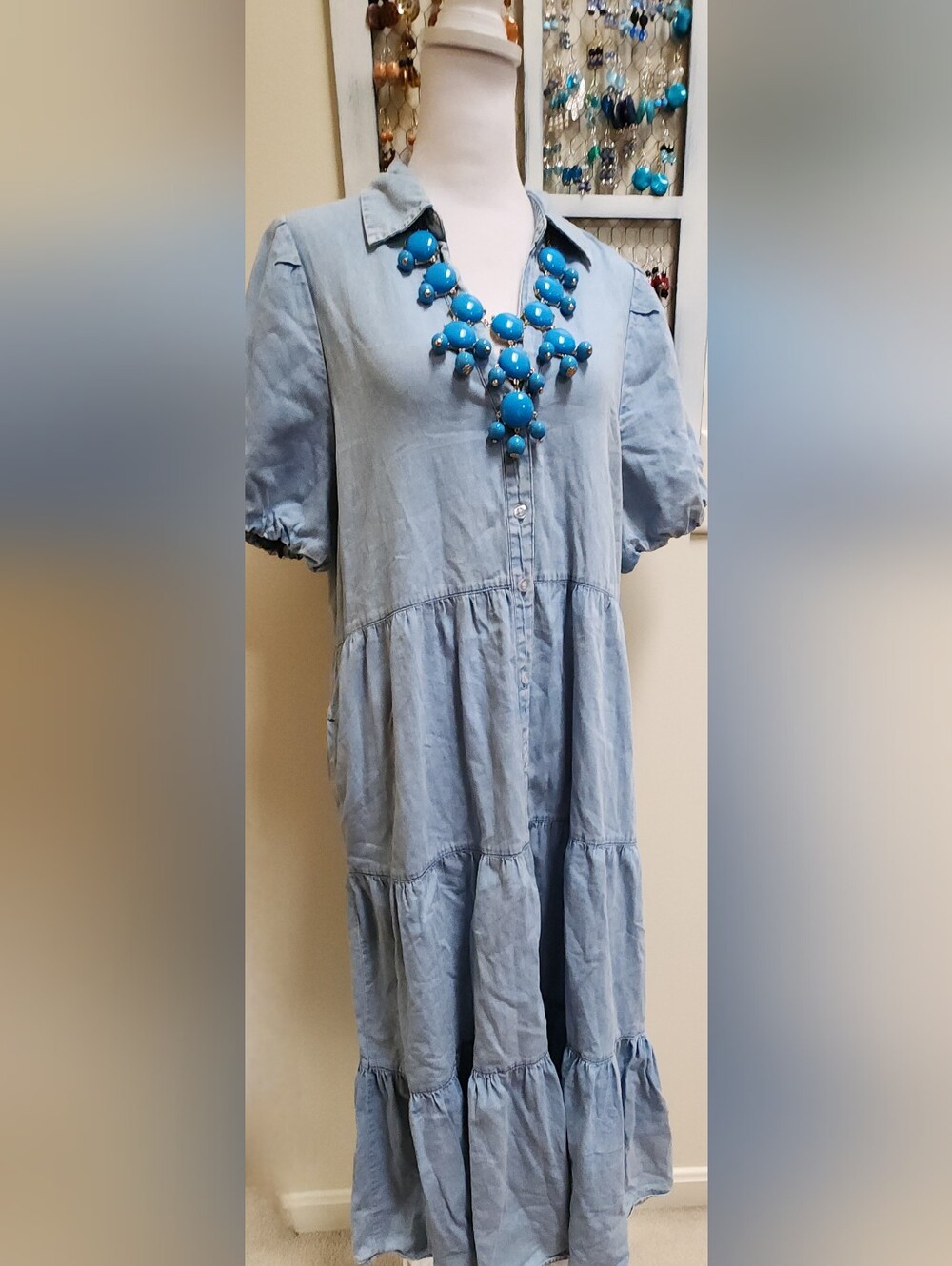 Light Blue Denim Shirt Dress - Casual Western Cowgirl A-Line Midi 100% Cotton